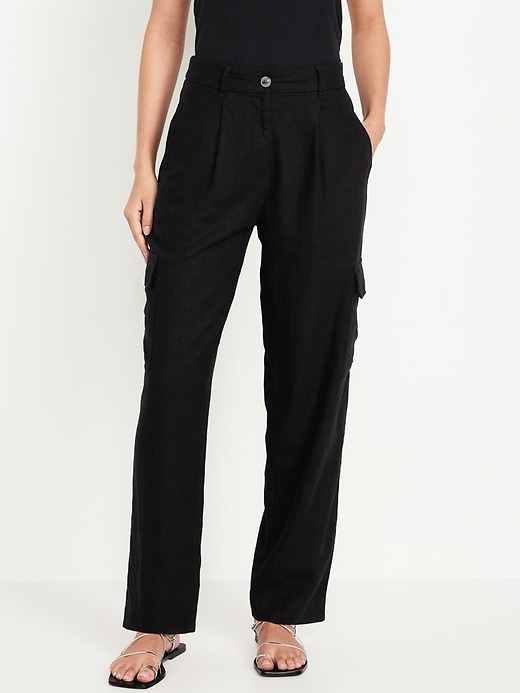 High-Waisted Linen-Blend Cargo Straight Pants