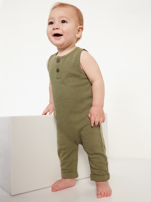 View large product image 1 of 1. Unisex Sleeveless Thermal-Knit Henley One-Piece for Baby
