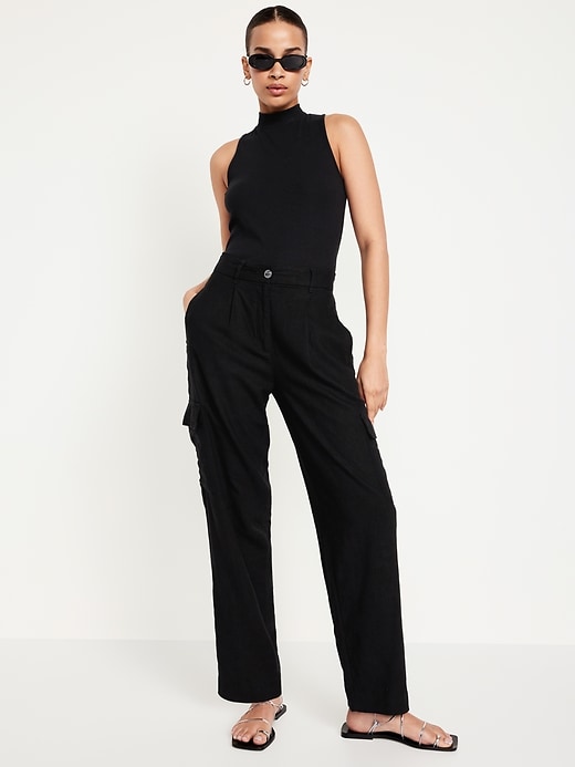 Image number 3 showing, High-Waisted Linen-Blend Cargo Straight Pants