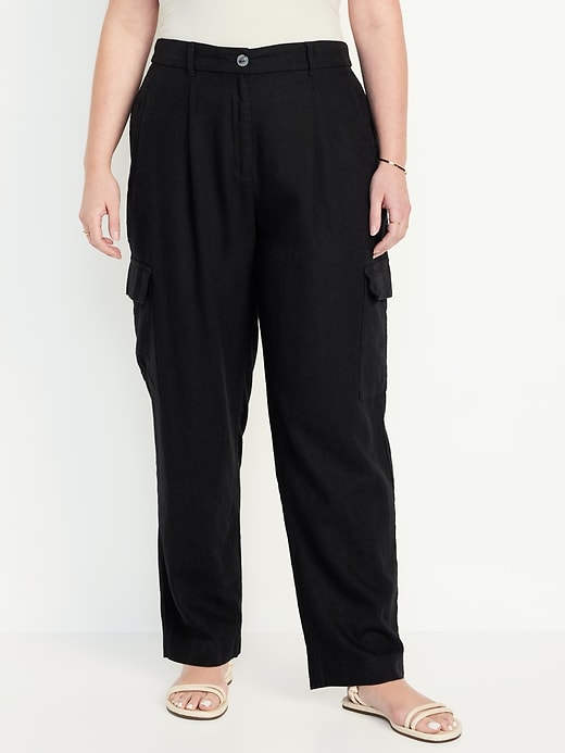 Image number 5 showing, High-Waisted Linen-Blend Cargo Straight Pants