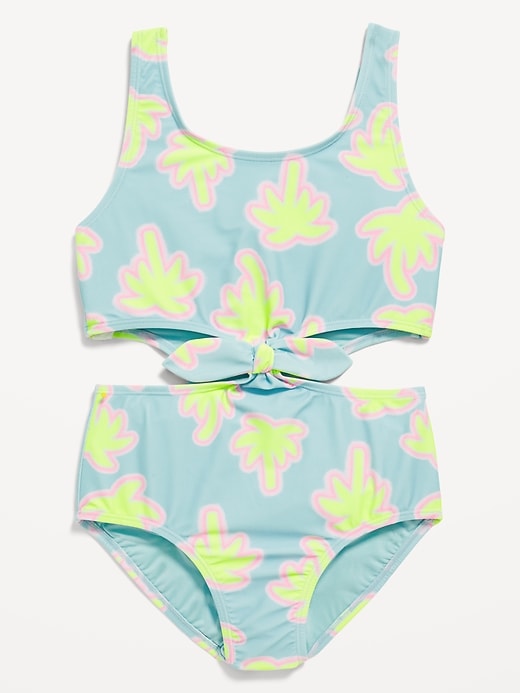 View large product image 1 of 2. Printed Side Cutout Tie-Knot One-Piece Swimsuit for Girls