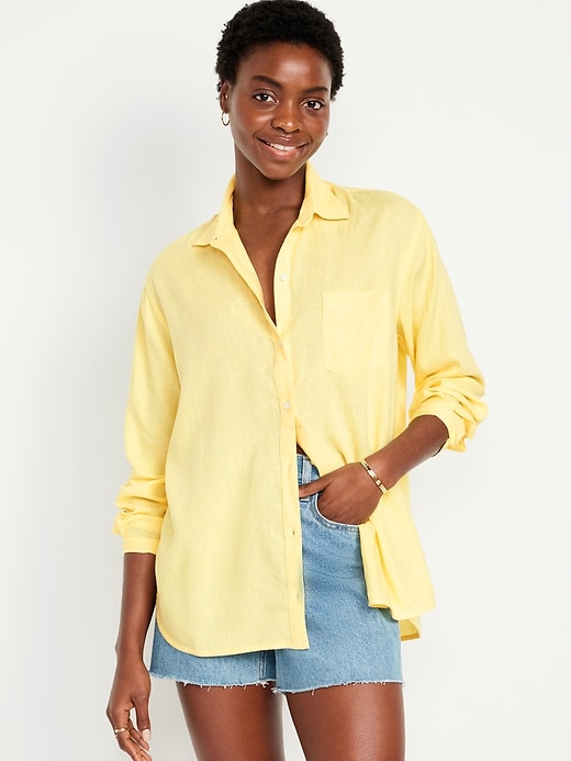 Image number 1 showing, Linen-Blend Button-Down Boyfriend Shirt