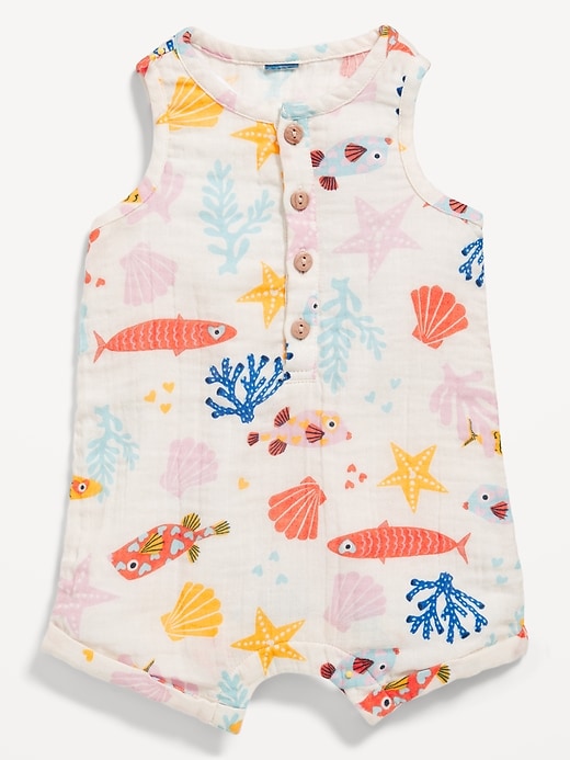 View large product image 1 of 1. Printed Sleeveless Henley Romper for Baby