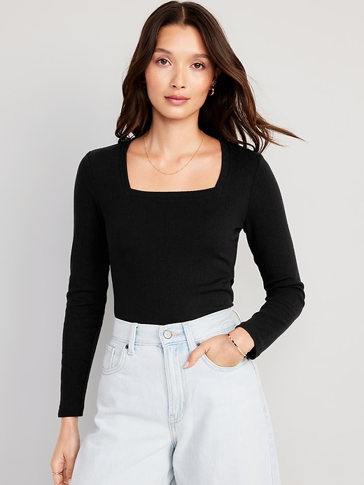 Image number 1 showing, Fitted Square-Neck Rib-Knit T-Shirt
