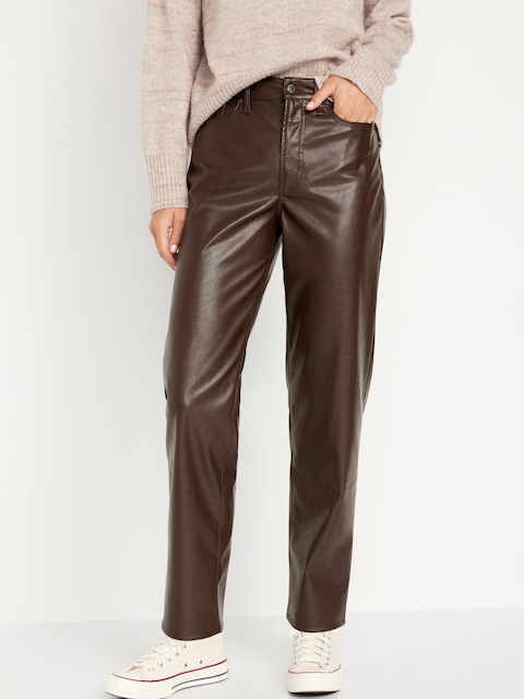 High-Waisted OG Loose Faux-Leather Pants - Brown Leather