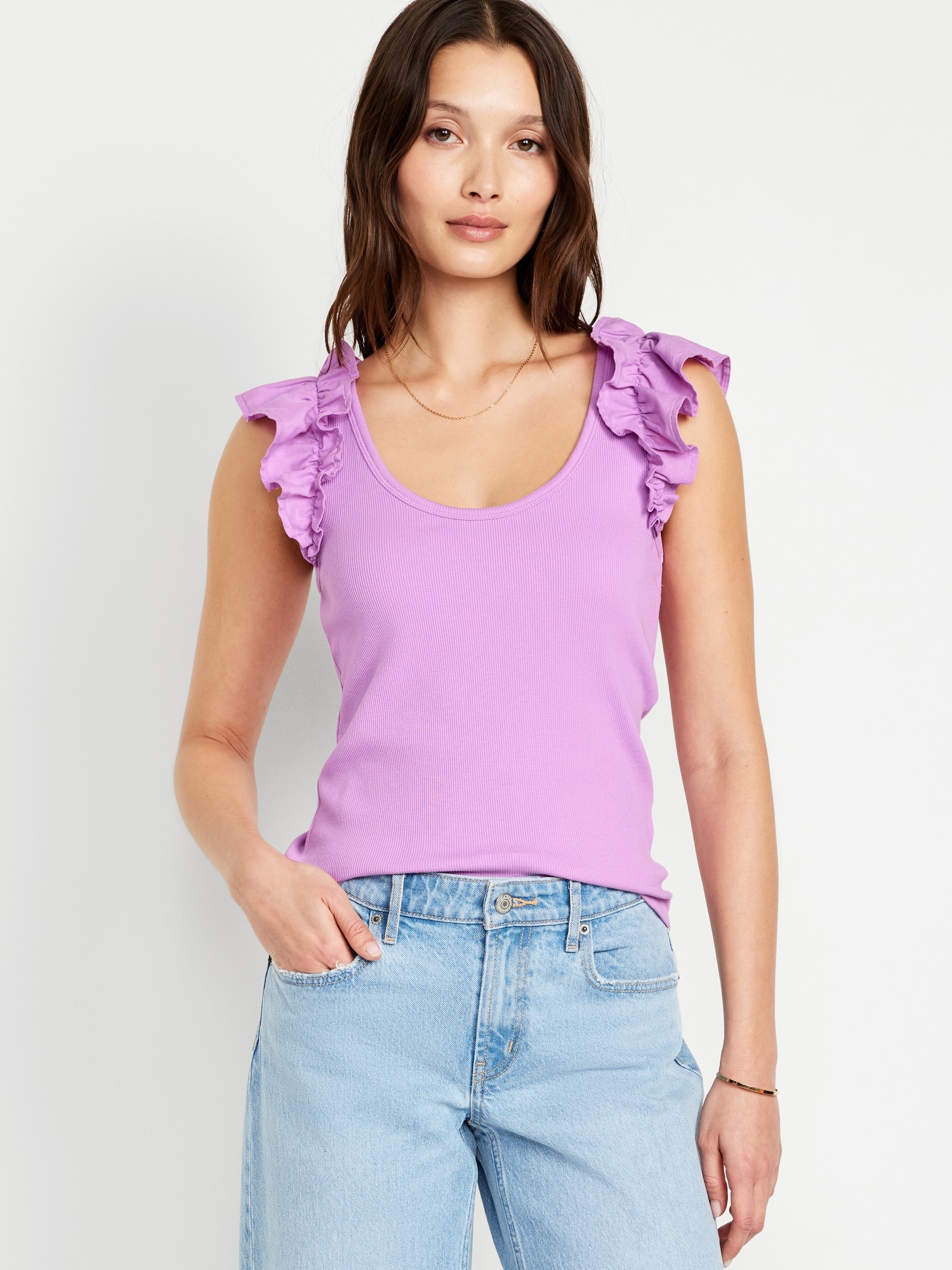 Ruffled Mixed Fabric Tank Top