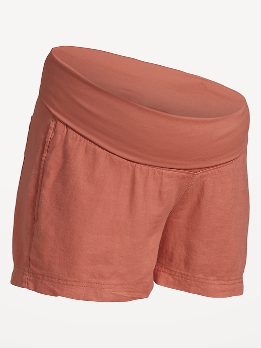 Image number 4 showing, Maternity Rollover-Waist Linen Blend Shorts -- 3.5-inch inseam