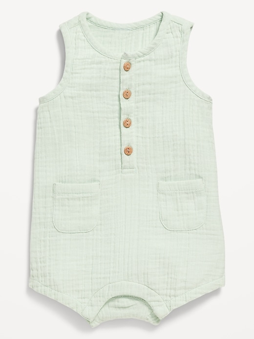 View large product image 1 of 2. Printed Sleeveless Henley Romper for Baby