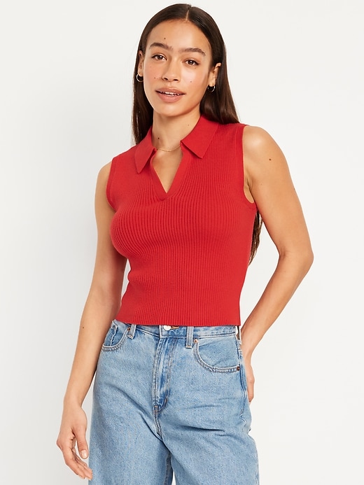 Image number 1 showing, Rib-Knit Crop Polo Sweater