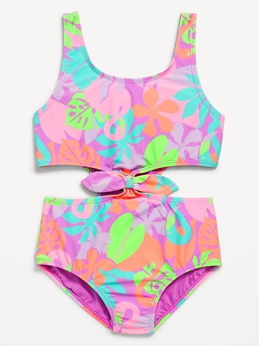 View large product image 1 of 3. Printed Side Cutout Tie-Knot One-Piece Swimsuit for Girls