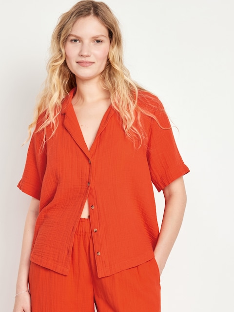 Crinkle Gauze Button-Down Shirt