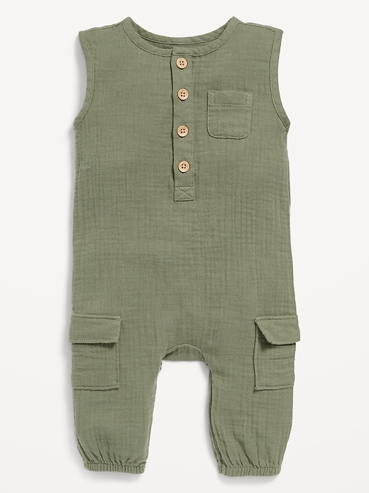 View large product image 1 of 2. Sleeveless Henley Pocket One-Piece Jumpsuit for Baby