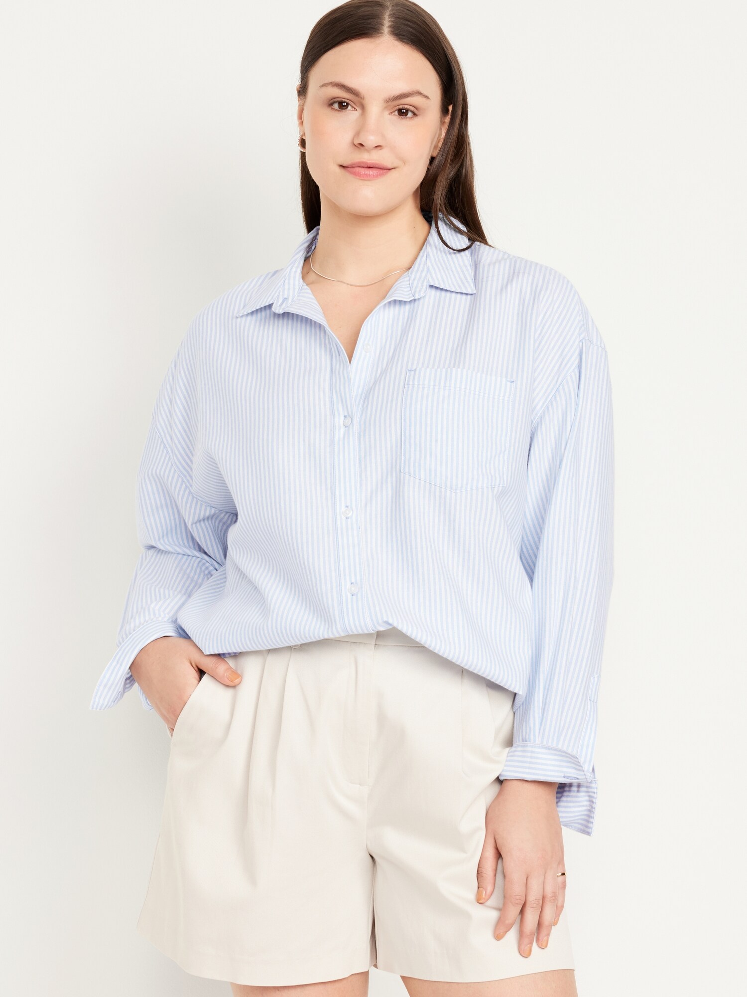 Женская рубашка Old Navy Oversized Button-Down Boyfriend, цвет: Синий полосатый — фото 5
