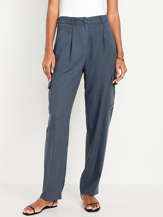 Image number 1 showing, High-Waisted Linen-Blend Cargo Straight Pants