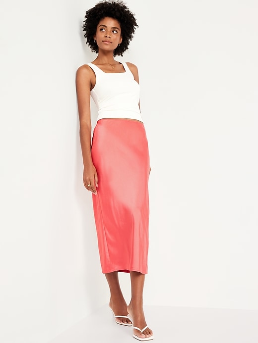 Image number 3 showing, High-Waisted Satin Midi Slip Skirt