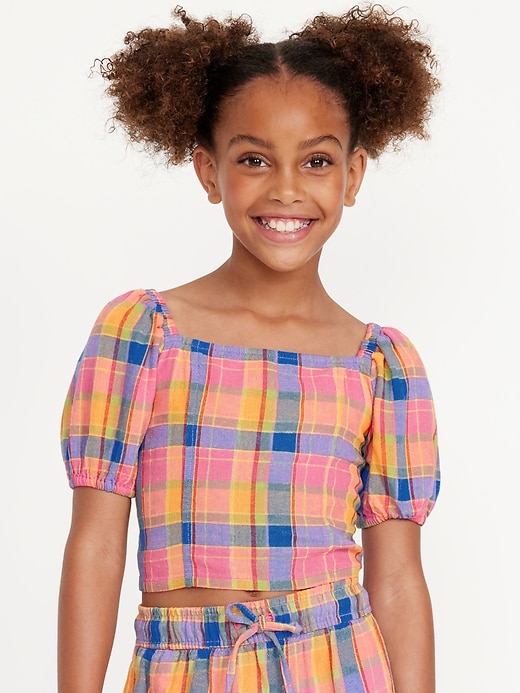 View large product image 1 of 3. Short Puff-Sleeve Linen-Blend Top for Girls