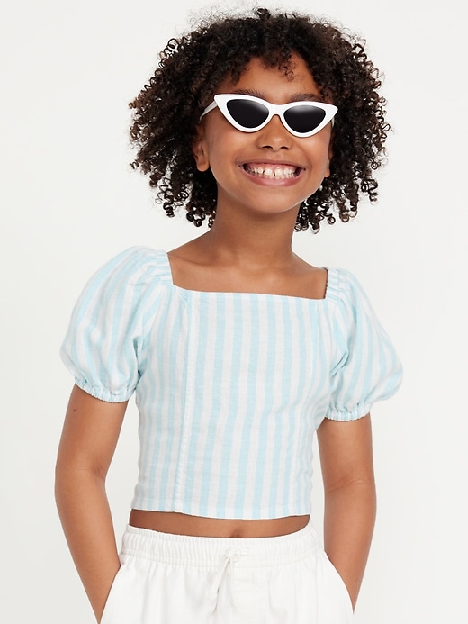 View large product image 1 of 3. Short Puff-Sleeve Linen-Blend Top for Girls