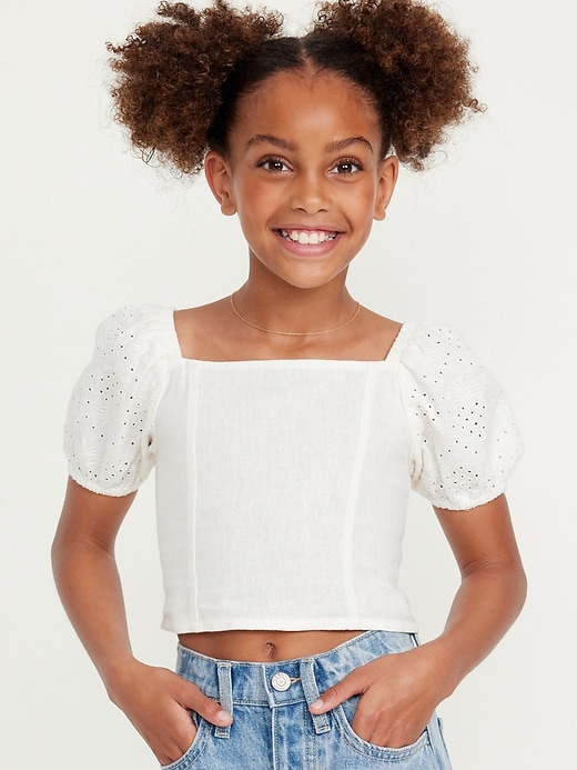 View large product image 1 of 3. Short Puff-Sleeve Eyelet Linen-Blend Top for Girls