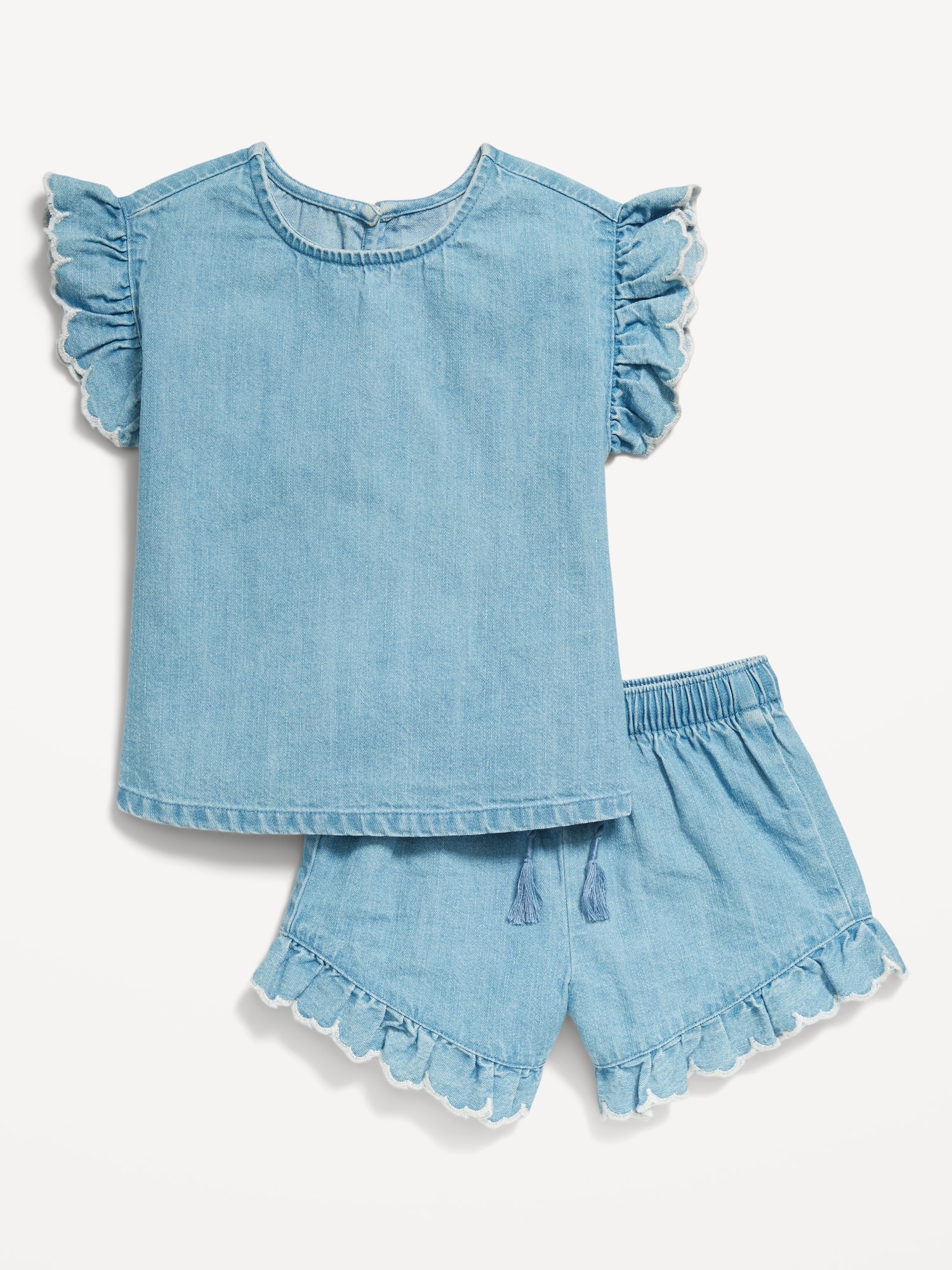 Ruffle-Trim Chambray Top and Shorts Set for Toddler Girls
