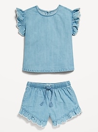 View large product image 3 of 3. Ruffle-Trim Chambray Top and Shorts Set for Toddler Girls