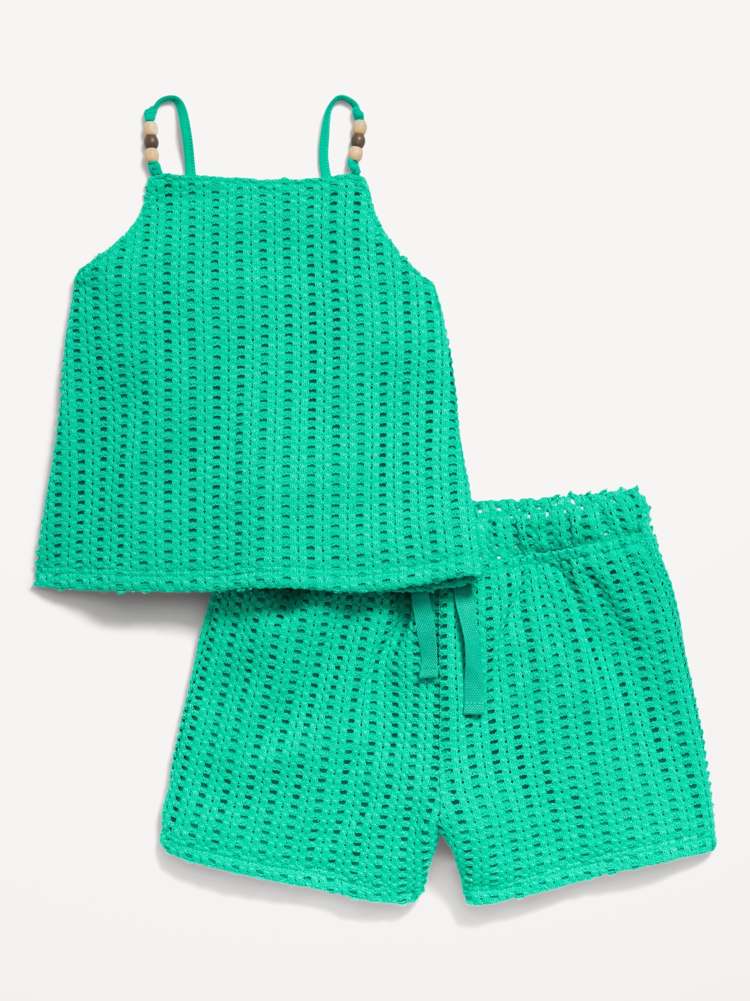 Crochet-Knit Beaded Tank Top and Shorts Set for Toddler Girls