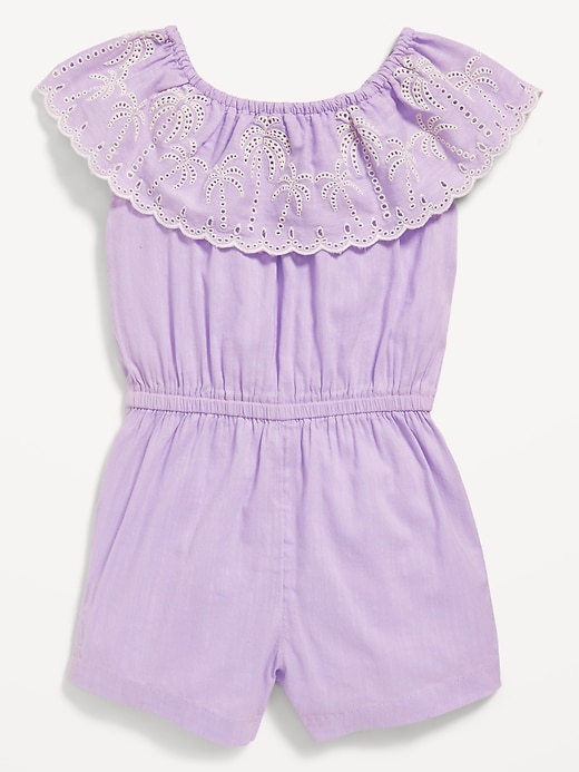 View large product image 1 of 2. Ruffled-Trim Embroidered Romper for Toddler Girls