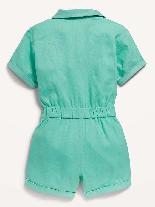 View large product image 2 of 3. Short-Sleeve Linen-Blend Utility Pocket Romper for Toddler Girls