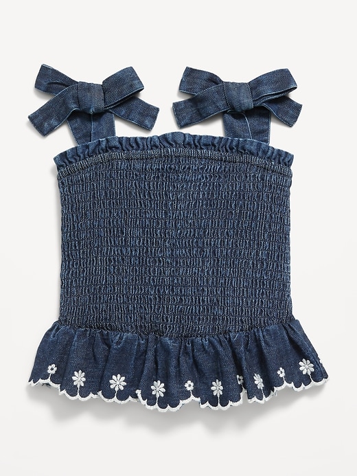 View large product image 1 of 2. Sleeveless Bow-Tie Smocked Jean Top for Toddler Girls