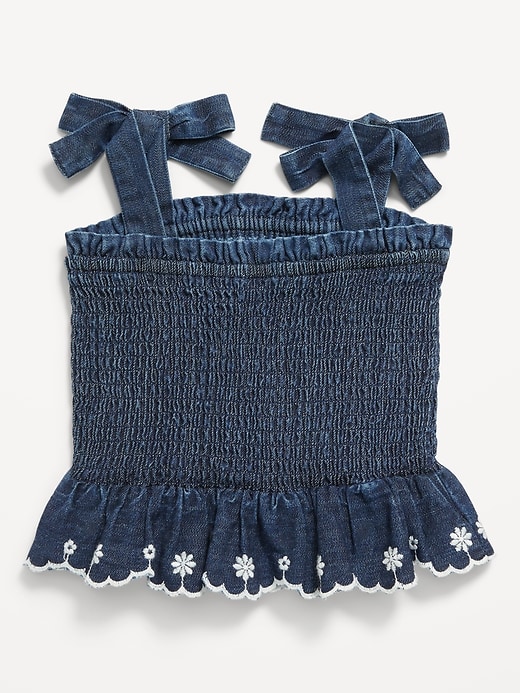 View large product image 2 of 2. Sleeveless Bow-Tie Smocked Jean Top for Toddler Girls
