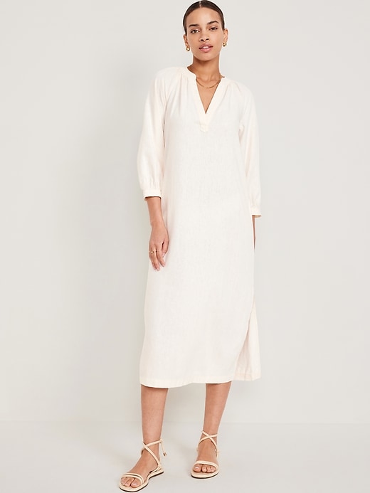 Image number 1 showing, Split-Neck Linen-Blend Midi Dress