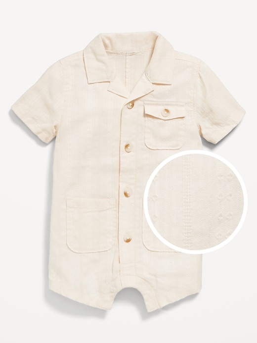 View large product image 1 of 2. Textured Dobby Utility Pocket Romper for Baby