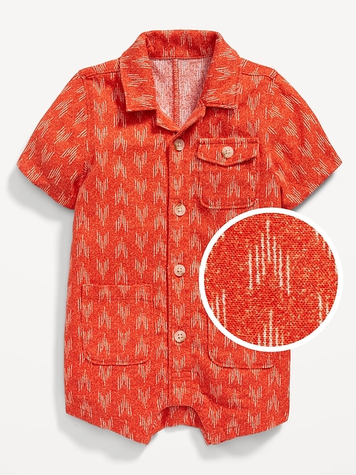 View large product image 1 of 2. Printed Linen-Blend Utility Pocket Romper for Baby