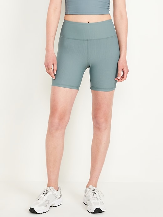 Image number 1 showing, High-Waisted PowerSoft Ribbed Biker Shorts -- 6-inch inseam