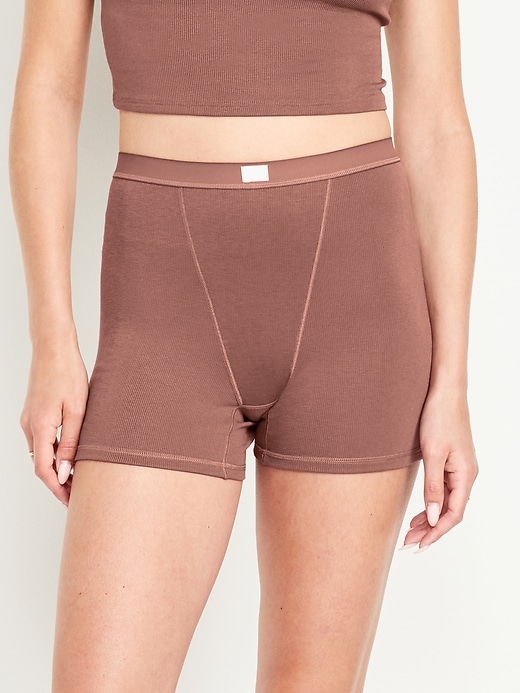View large product image 1 of 8. High-Waisted Rib-Knit Boyshort Boxer Briefs -- 3-inch inseam