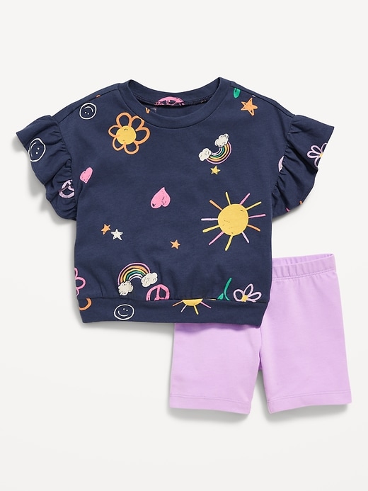 View large product image 1 of 3. Printed Short-Sleeve Ruffle Top and Biker Shorts Set for Toddler Girls