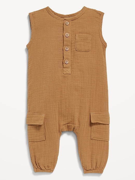 View large product image 1 of 1. Sleeveless Henley Pocket One-Piece Jumpsuit for Baby