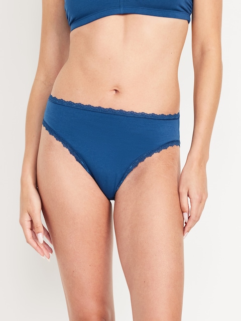 High-Waisted Lace-Trim Bikini Underwear - Navy Blue