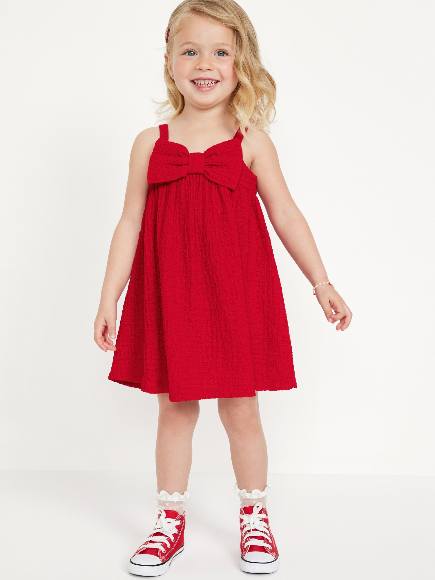 Sleeveless Textured Bow-Tie Dress for Toddler Girls