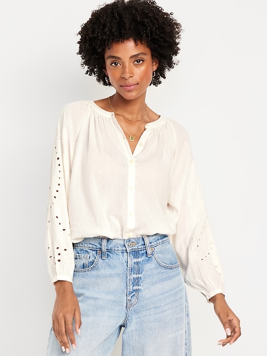 Image number 1 showing, Split-Neck Button-Down Top