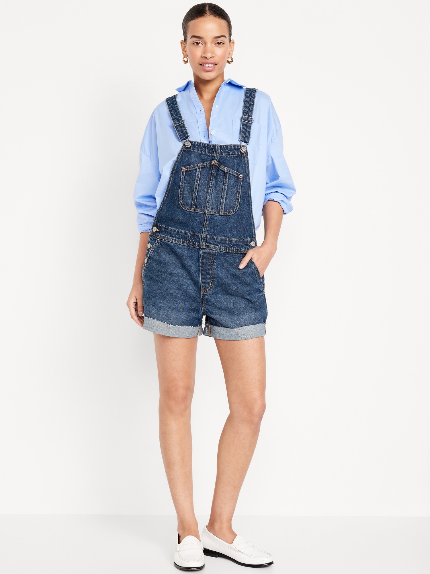Slouchy Jean Cut-Off Overalls -- 3.5-inch inseam