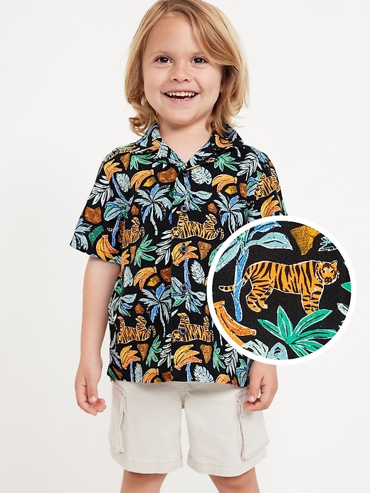 View large product image 1 of 3. Printed Short-Sleeve Linen-Blend Camp Shirt for Toddler Boys