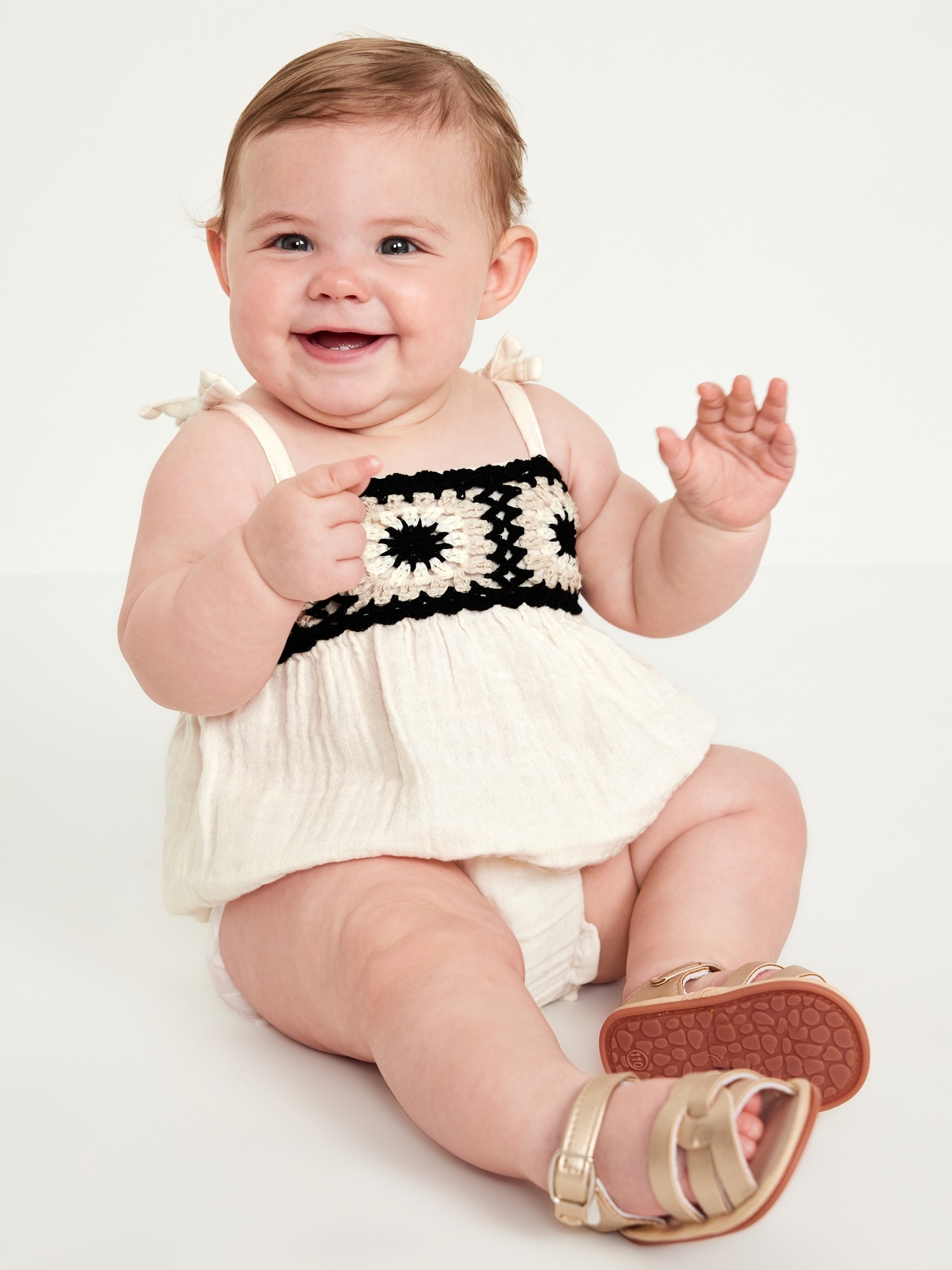 Sleeveless Crochet-Trim One-Piece Romper for Baby