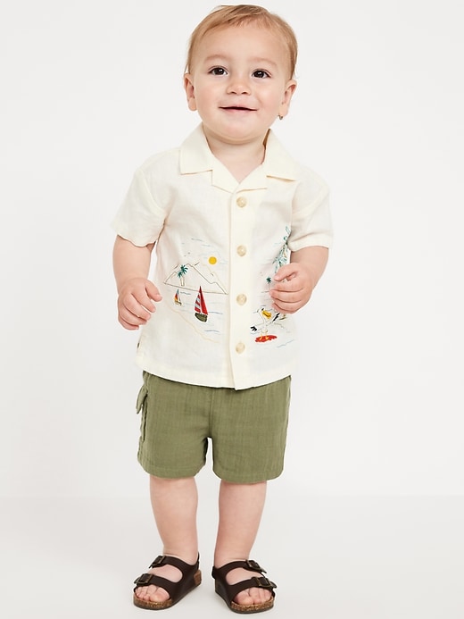 View large product image 1 of 2. Short-Sleeve Linen-Blend Graphic Camp Shirt for Baby