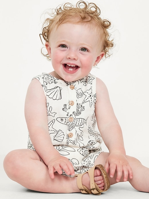 View large product image 1 of 3. Printed Sleeveless Henley Romper for Baby