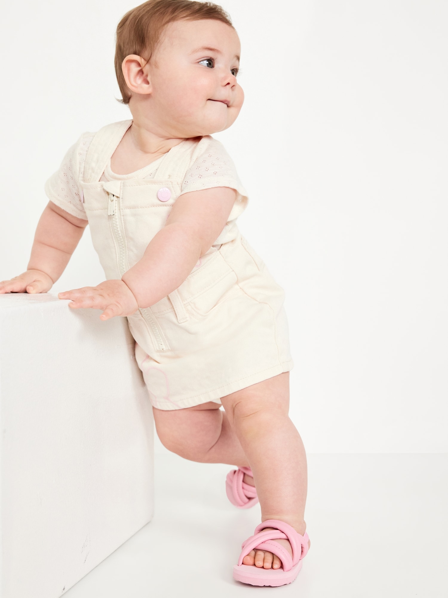 Zip-Front Embroidered Skirtall Jean Dress for Baby