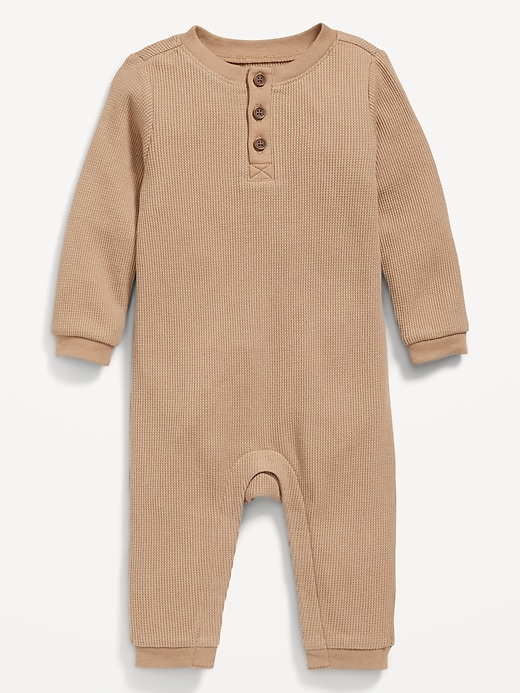 View large product image 1 of 2. Long-Sleeve Thermal-Knit Henley One-Piece for Baby