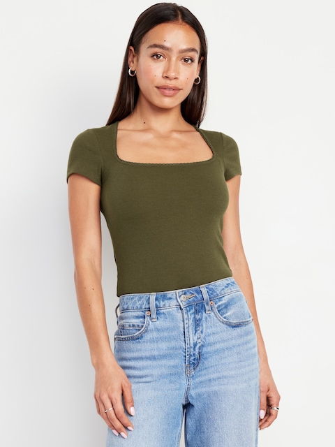 Lace-Trim Rib-Knit Top