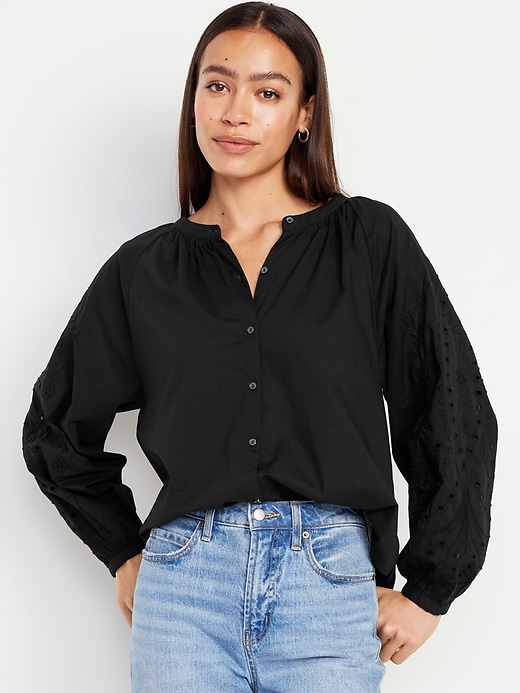 Image number 1 showing, Split-Neck Button-Down Top