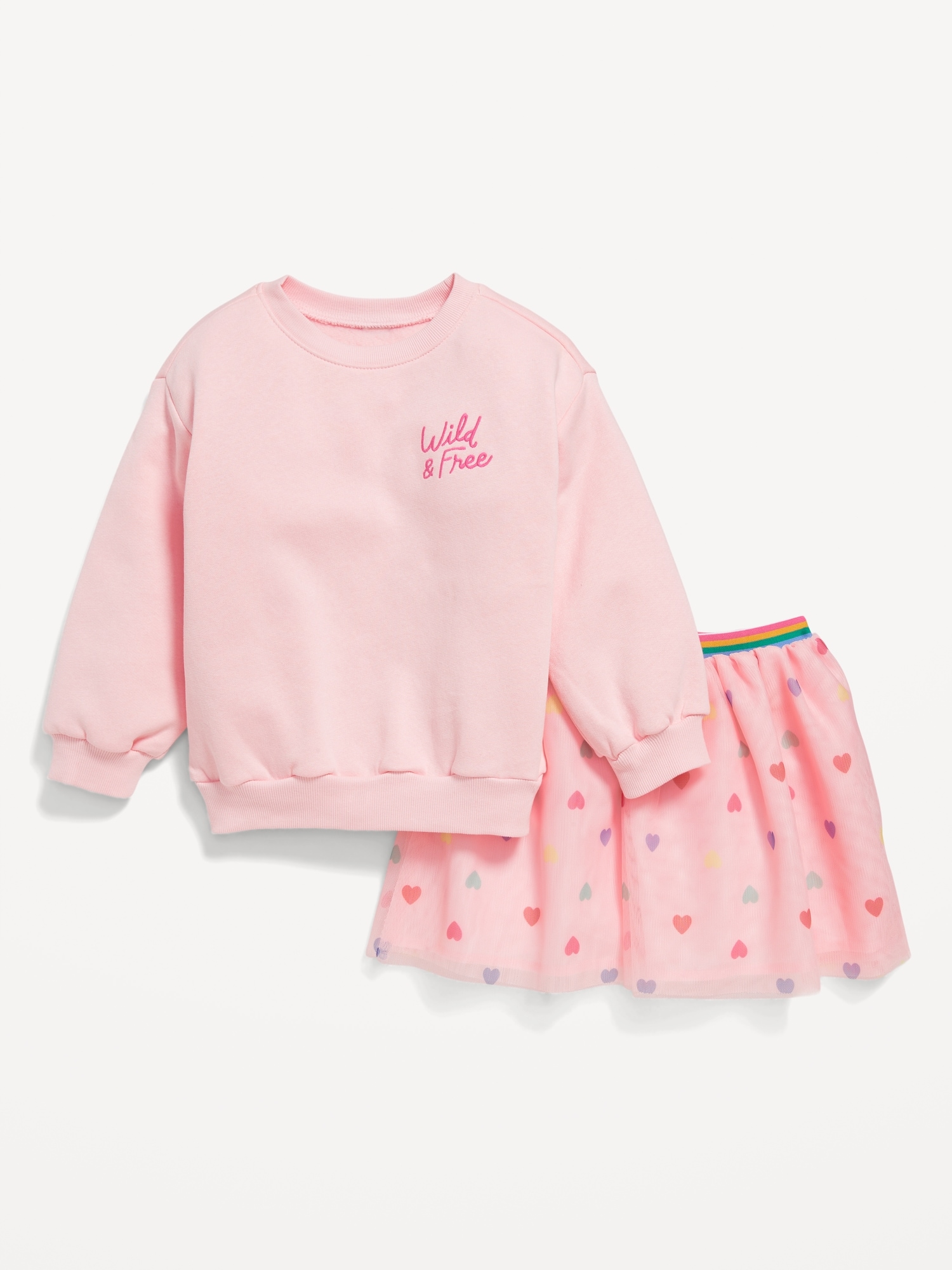 Crew-Neck Graphic Sweatshirt and Tulle Skirt Set for Toddler Girls