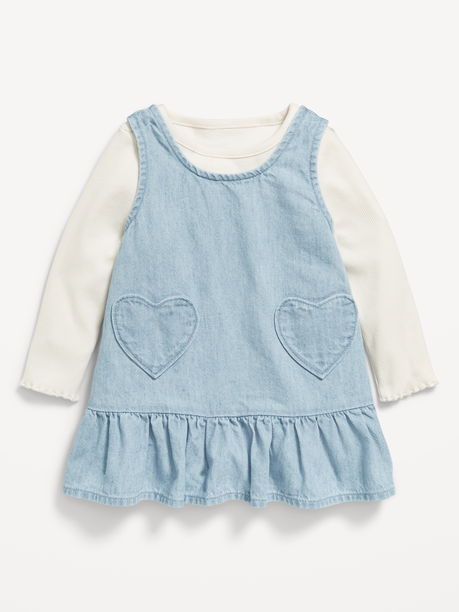 Long-Sleeve Ribbed Top and Heart-Pocket Chambray Dress Set for Baby